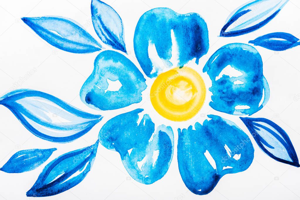 Top view of watercolor flower with blue leaves on white background 