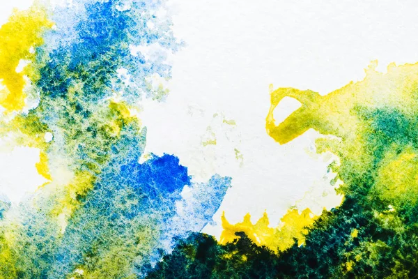 Top View Blue Yellow Watercolor Spills White Paper — Stock Photo, Image