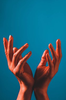 partial view of woman gesturing with coral colored hands on blue background, color of 2019 concept clipart