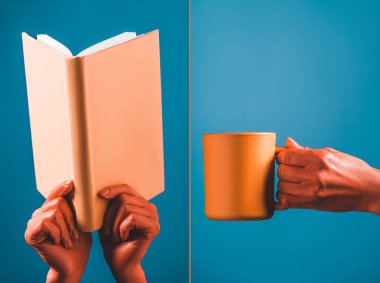 kolaj mercan kitap ve mercan rengi mavi ayrılmış arka plan, renk 2019 kavramının kadın ellerinde Kupası