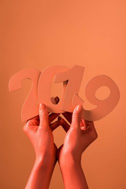 partial view of coral colored female hands with paper cut 2019 numbers on coral background, color of 2019 concept clipart
