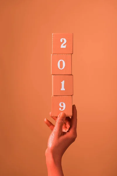 Partial View Woman Holding Coral Wooden Cubes 2019 Numbers Coral — Stock Photo, Image