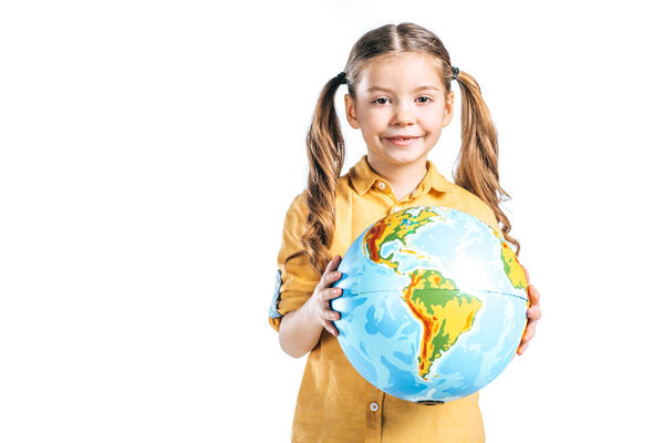 cute smiling child holding globe isolated on white, earth day concept