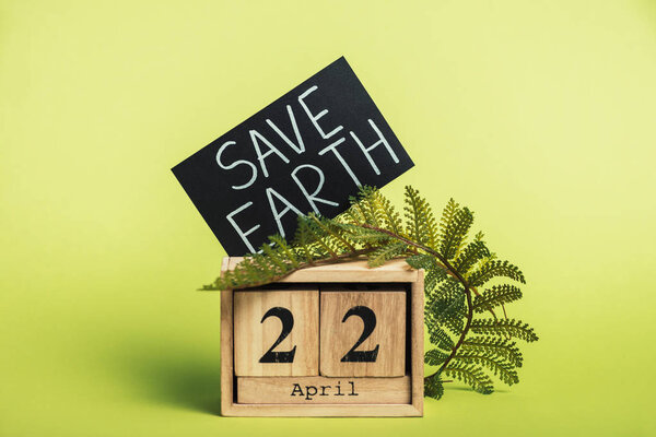 деревянный календарь с датой "22 апреля" и зеленый лист папоротника на светло-зеленом фоне
