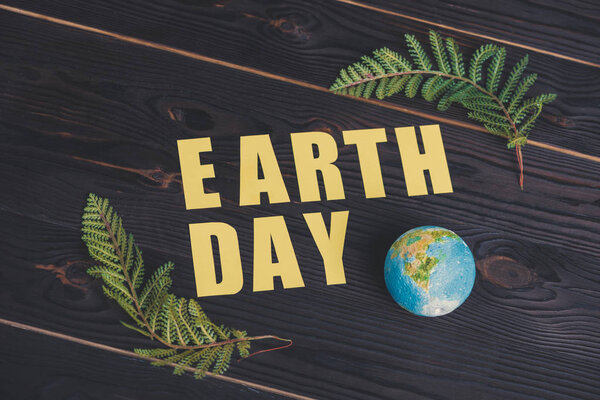 деревянный календарь с датой "22 апреля" и зеленый лист папоротника на светло-зеленом фоне
