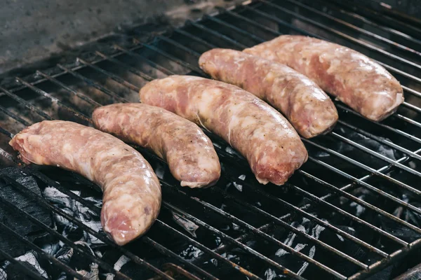 Raw Fresh Sausages Cooking Barbecue Grill Grate — Stock Photo, Image