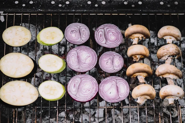 Raw Eggplant Onion Slices Mushrooms Zucchini Grilling Barbecue Grid — Stock Photo, Image
