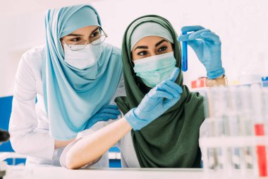 female muslim scientists in medical masks pointing with finger at glass test tube with reagent during experiment in chemical lab clipart