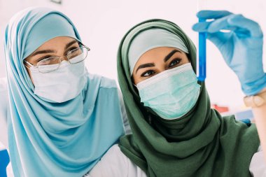 female muslim scientists in medical masks looking at glass test tube with reagent during experiment in chemical lab clipart