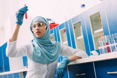 kadın Müslüman bilim adamı laboratuvarda test tüpü kırmızı sıvı ile tutarak gözlük
