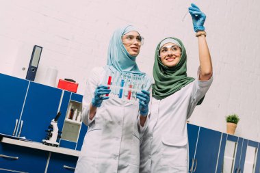 kadın Müslüman bilim adamları test tüpleri reaktifler sırasında ile tutarak hijab kimyasal laboratuarda deney