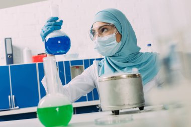 flask kimyasal laboratuvar deney sırasında arayan kadın Müslüman bilim adamı