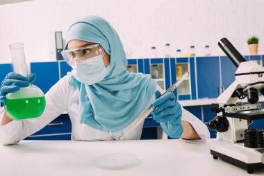 Kuru buz laboratuvar deneme sırasında cımbızla şişesi tutan kadın Müslüman bilim adamı