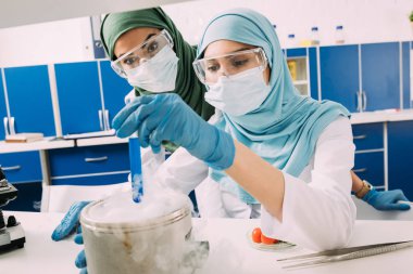 kadın Müslüman bilim adamları reaktif kuru buz üzerine deneme sırasında kimyasal laboratuarda tutan gözlük