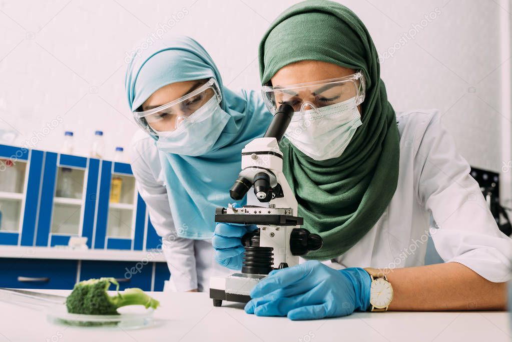 female muslim scientists using microscope during experiment with broccoli in chemical laboratory