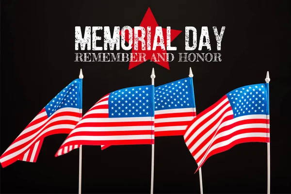 American Flags Memorial Day Lettering Isolated Black — Stock Photo, Image