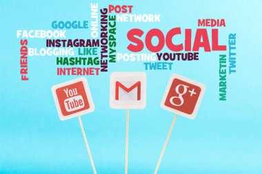 social media words and cards with youtube, gmail and google plus logo isolated on blue clipart