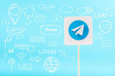 card with telegram logo and social media icons isolated on blue clipart