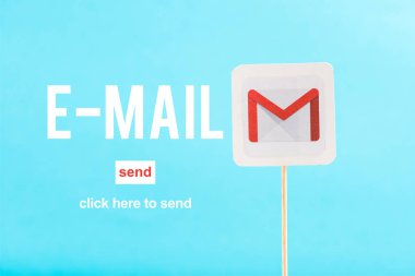 card with gmail logo, e-mail and send words isolated on blue clipart