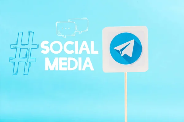 Card Telegram Logo Social Media Lettering Hashtag Isolated Blue — Stock Photo, Image