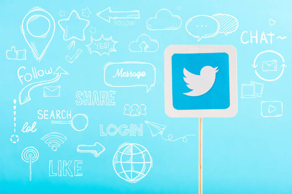 card with twitter logo and social media illustration isolated on blue