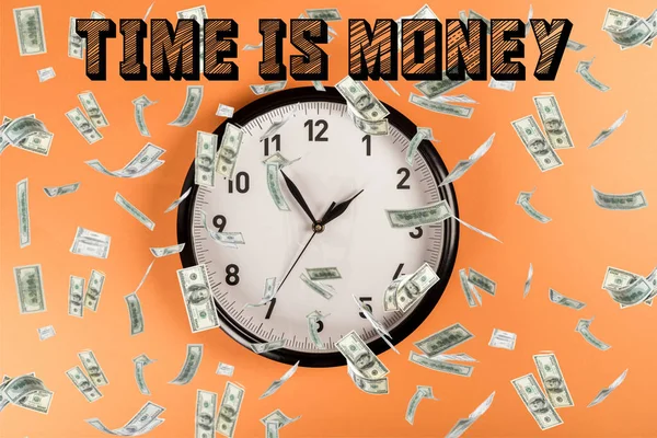 Clock Time Money Lettering Money Falling Orange Background — Stock Photo, Image