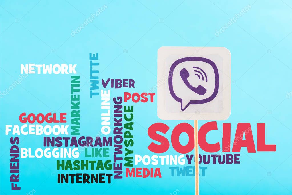 Social media lettering and card with viber logo isolated on blue