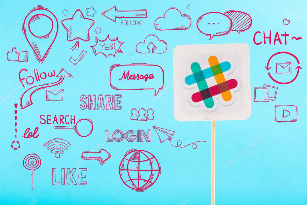 Card with slack logo and social media purple icons isolated on blue
