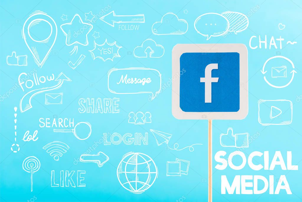 Card with facebook logo and social media illustration isolated on blue