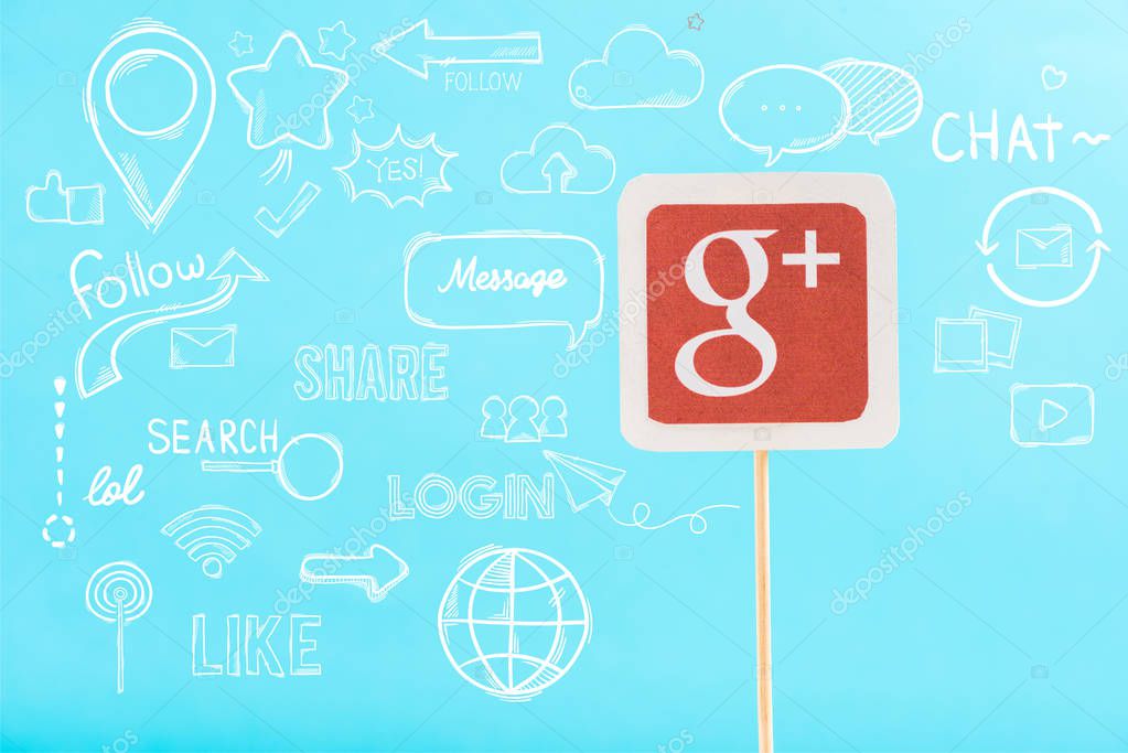 Card with google plus logo and social media illustration isolated on blue