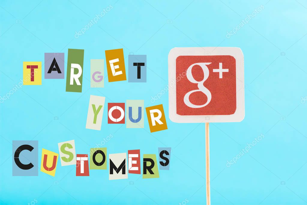 Card with google plus logo and target your customers lettering isolated on blue