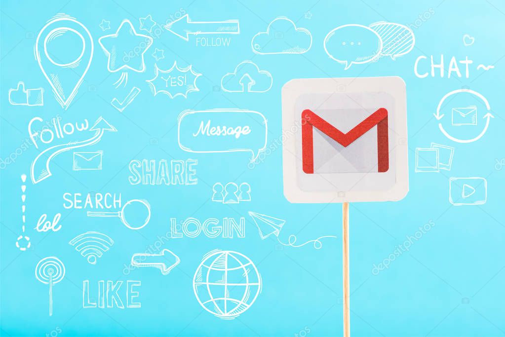 Card with gmail logo and social media illustration isolated on blue