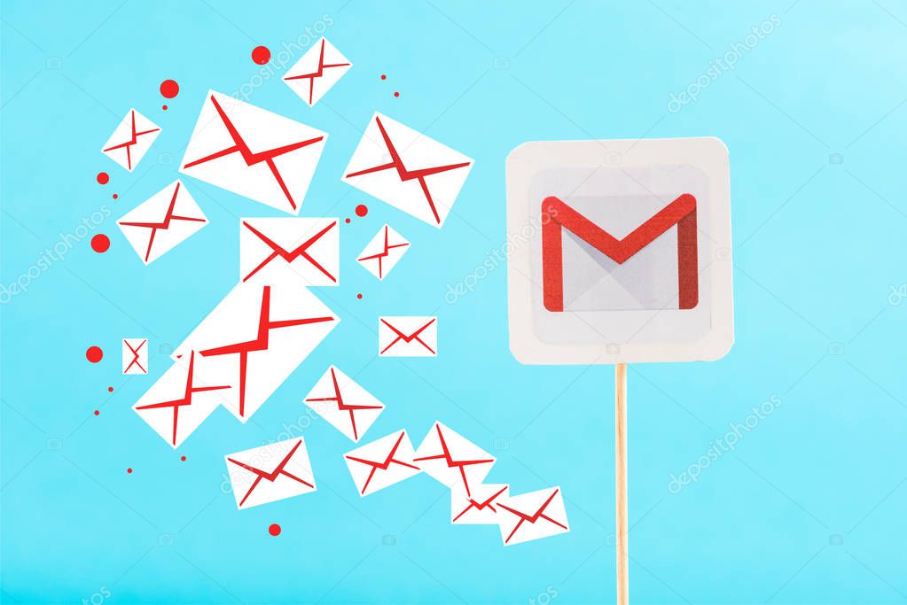 Card with gmail logo and e-mail icons isolated on blue