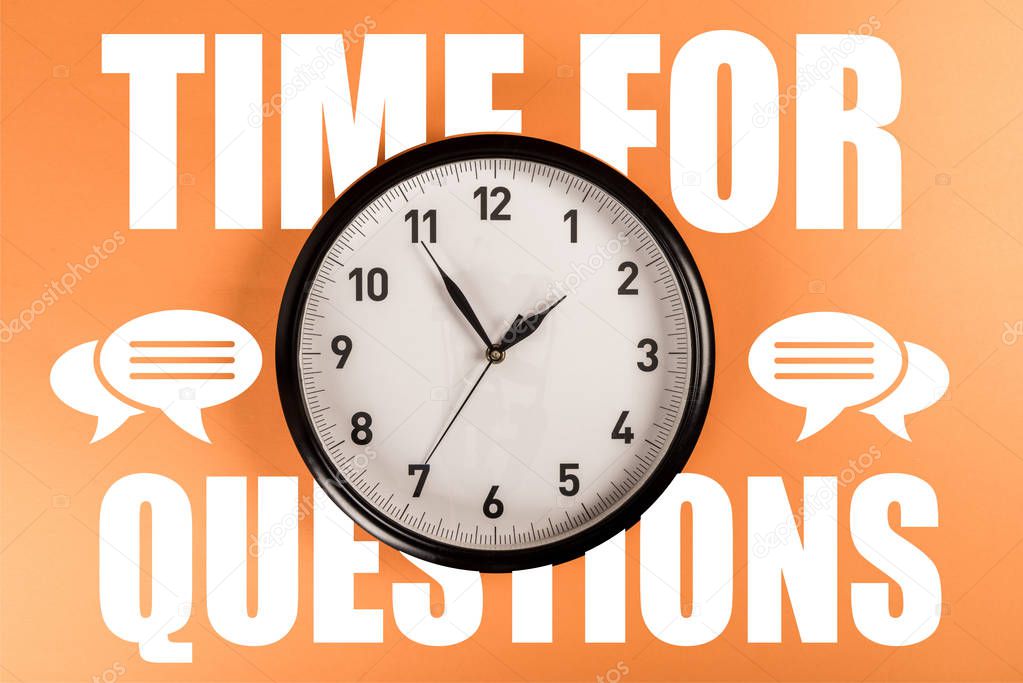 round clock with white time for questions lettering and speech bubbles on orange background