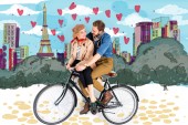 happy elegant couple riding bike together with Paris illustration on background