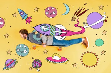 top view of man with longboard lying on yellow background with space illustration clipart