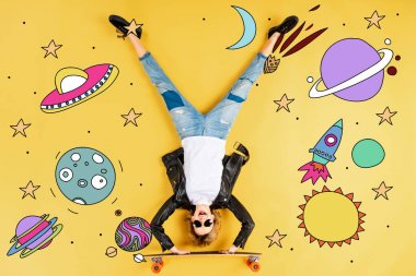 top view of woman in leather jacket standing on hands on longboard on yellow background with space illustration clipart