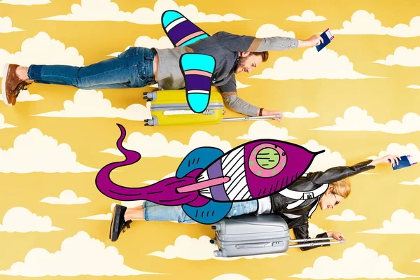 Happy Couple Flying Rockets Sky Suitcases Passports Air Tickets Yellow — Stock Photo, Image