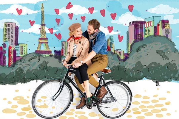 Heureux Couple Élégant Vélo Équitation Avec Illustration Paris Sur Fond — Photo