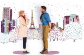 surprised woman looking at man with bouquet of flowers behind back on Paris illustration on background