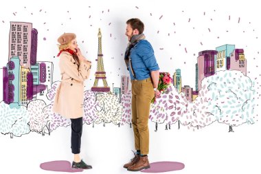 arka planda Paris illüstrasyon arkasında çiçek buketi ile adam bakarak sürpriz kadın
