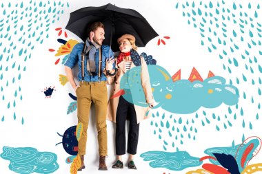 happy elegant couple standing together under umbrella with rain and cloud illustration  clipart