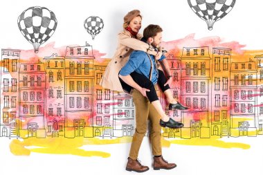 boyfriend giving piggyback ride to elegant girlfriend with buildings and air balloons illustration on background clipart