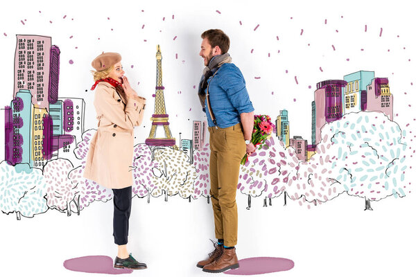 surprised woman looking at man with bouquet of flowers behind back on Paris illustration on background