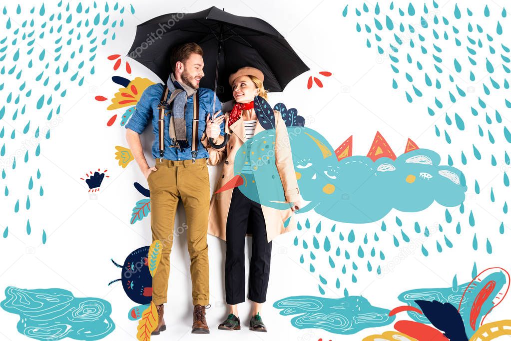 happy elegant couple standing together under umbrella with rain and cloud illustration 