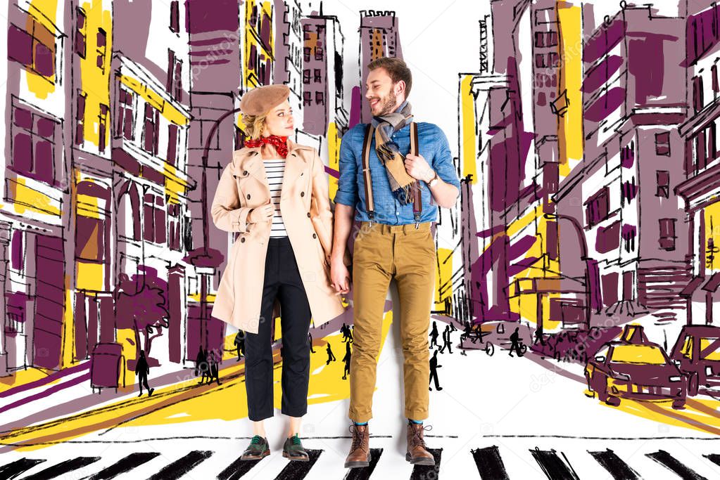 elegant couple holding hands with city street illustration on background