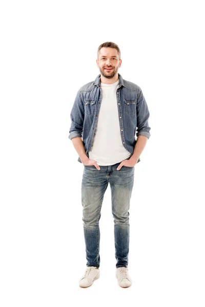 Vista Completa Hombre Barbudo Sonriente Jeans Pie Con Las Manos — Foto de Stock