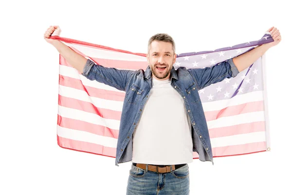 Front View Smiling Bearded Man Holding American Flag Isolated White — стоковое фото