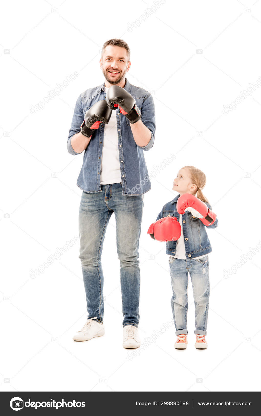 Full Length View Smiling Dad Daughter Boxing Gloves Isolated White