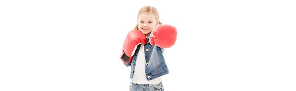 Panoramic Shot Smiling Kid Red Boxing Gloves Isolated White — Stock Photo, Image